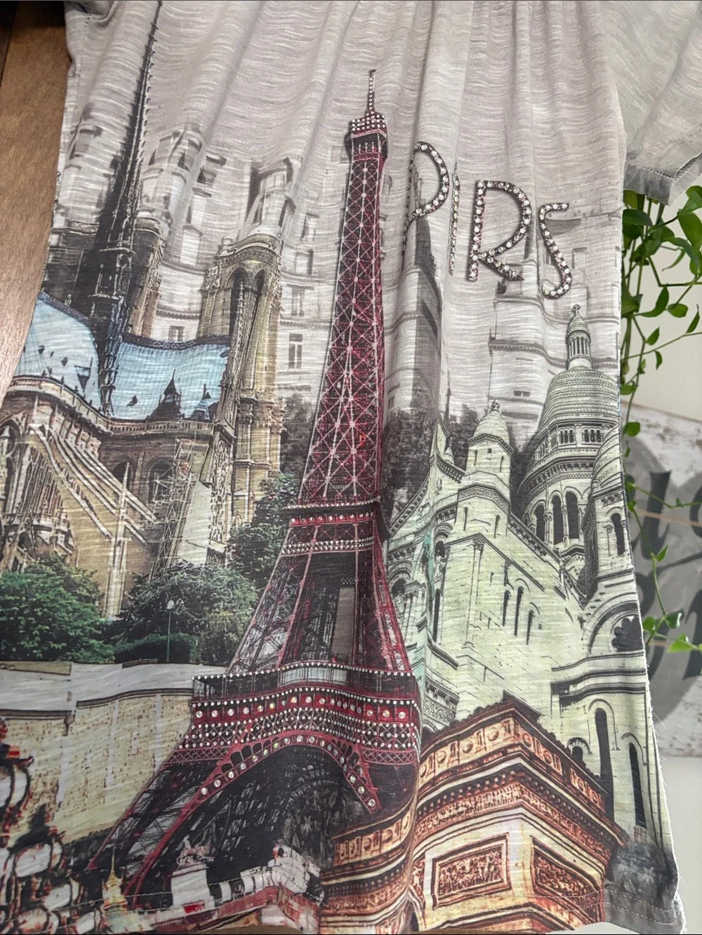 Gray Paris Skyline Off-Shoulder Tunic Top